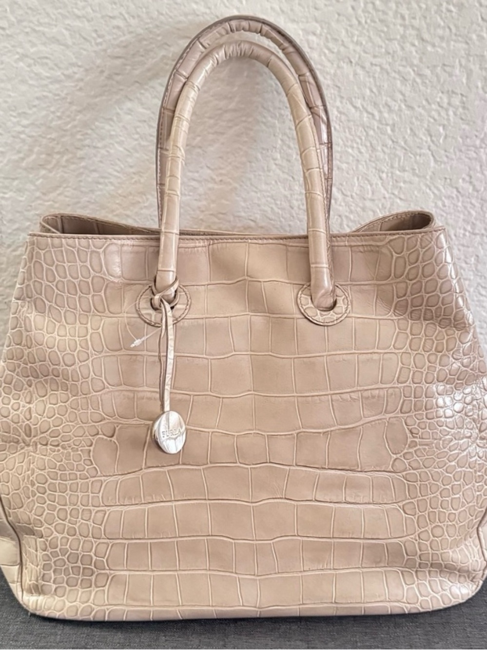 Furla Beige Croc-Embossed Leather Tote Bag